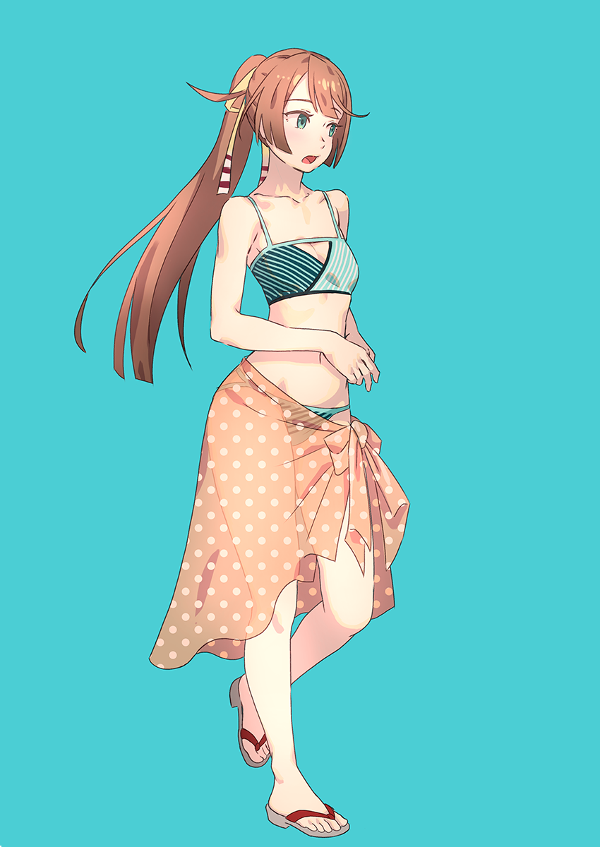 1girl aqua_background aqua_bikini aqua_eyes bikini breasts brown_hair collarbone full_body hair_ribbon highres kantai_collection kazagumo_(kantai_collection) long_hair navel open_mouth own_hands_together ponytail ribbon sandals sarong simple_background small_breasts solo standing standing_on_one_leg striped striped_bikini swimsuit yuuji_(and)