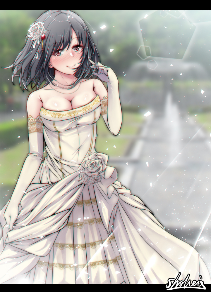 black_hair blush breasts closed_mouth dress elbow_gloves flower gloves hair_flower hair_ornament kantai_collection medium_breasts red_eyes rose shohei_(piranha5hk) short_hair smile strapless strapless_dress wedding wedding_dress white_dress white_flower white_gloves white_hair yamashiro_(kantai_collection)