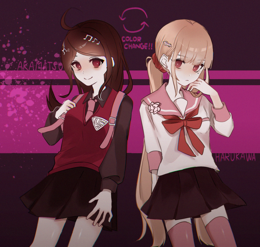 2girls ahoge akamatsu_kaede alternate_costume alternate_hair_color alternate_hairstyle backpack bag bangs black_hair black_skirt blonde_hair blunt_bangs blush breasts character_name dangan_ronpa eighth_note hair_ornament harukawa_maki long_hair looking_at_viewer low_twintails medium_breasts mole mole_under_eye multiple_girls musical_note musical_note_hair_ornament necktie new_dangan_ronpa_v3 pink_neckwear pleated_skirt red_eyes red_legwear red_scrunchie red_shirt rupika_(rr_ca) school_uniform scrunchie serafuku shirt skirt smile sweater_vest thigh-highs twintails very_long_hair