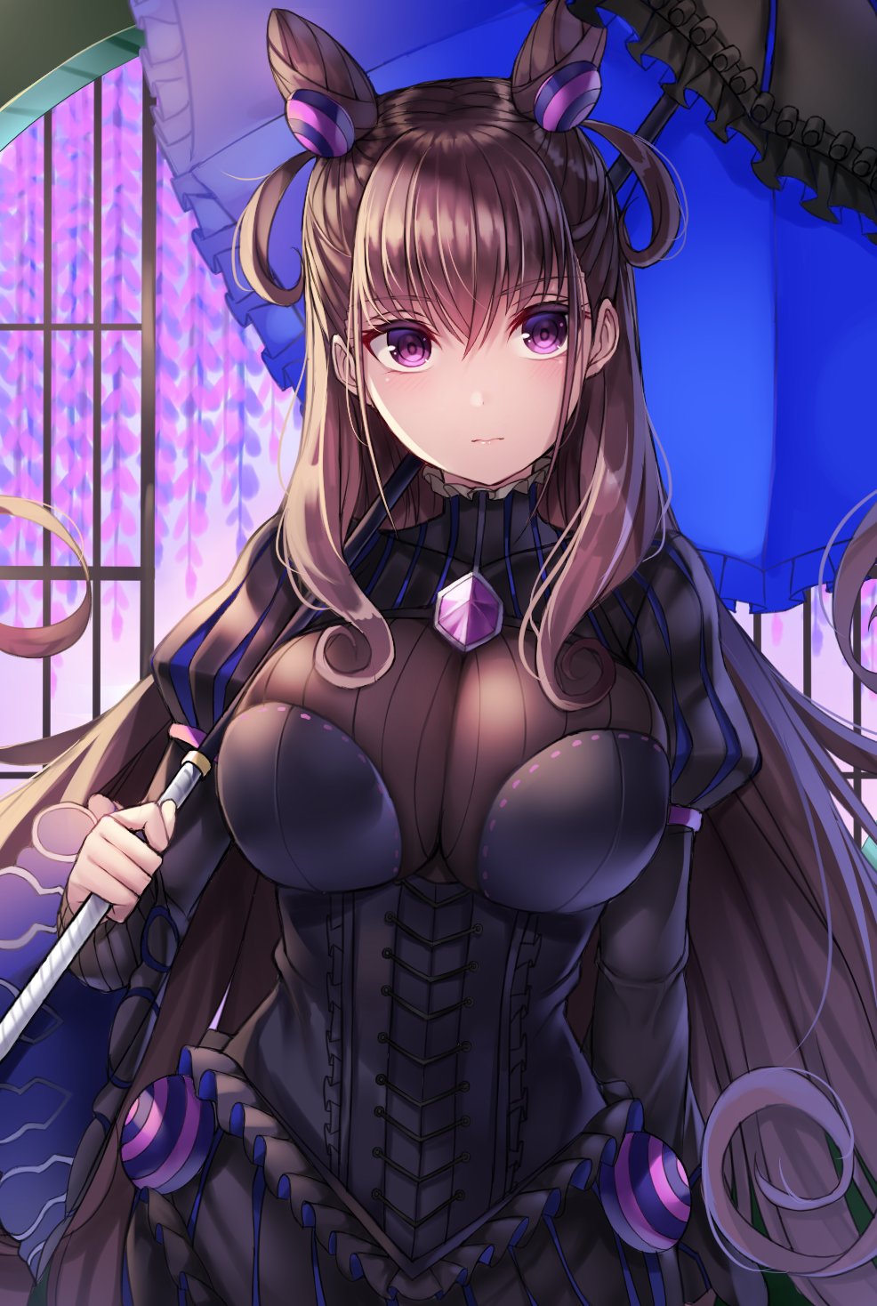 1girl beeyan breasts brooch brown_hair cleavage double_bun dress fate/grand_order fate_(series) frilled_dress frilled_shirt_collar frills hair_ornament highres jewelry large_breasts long_hair murasaki_shikibu_(fate) parasol puffy_sleeves solo umbrella violet_eyes