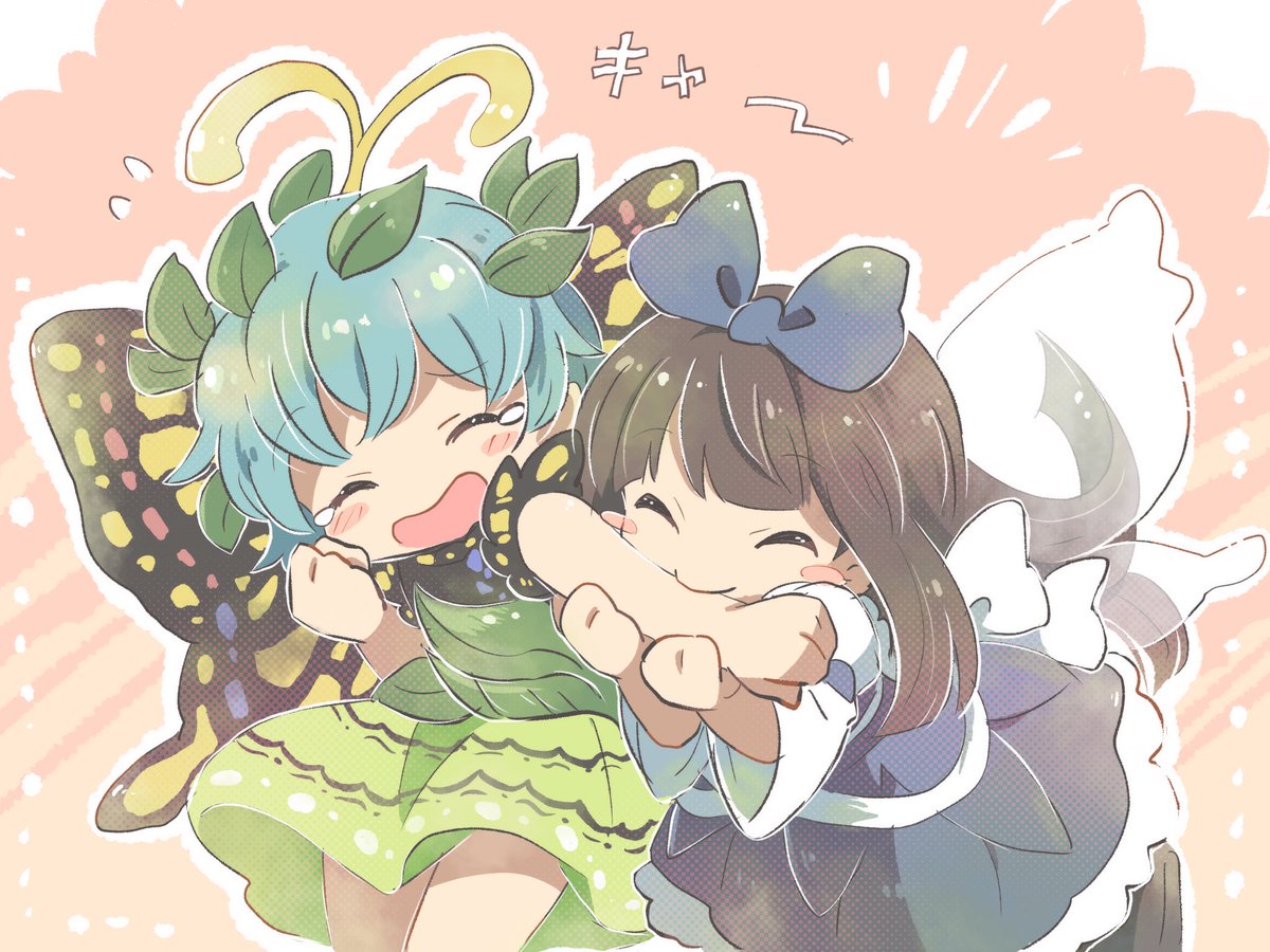 2girls antennae bangs biting_arm black_shirt blue_bow blue_dress bow brown_footwear brown_hair butterfly_wings chibi closed_eyes commentary_request cowboy_shot dress eternity_larva eyebrows_visible_through_hair facing_viewer fairy_wings flying_sweatdrops gradient gradient_background green_skirt hair_bow holding_arm leaf leaf_on_head light_blue_hair long_hair long_sleeves mont_blanc_(monburan1011) multiple_girls open_mouth pink_background shirt short_hair sidelocks skirt sleeveless sleeveless_dress star_sapphire touhou white_shirt wings