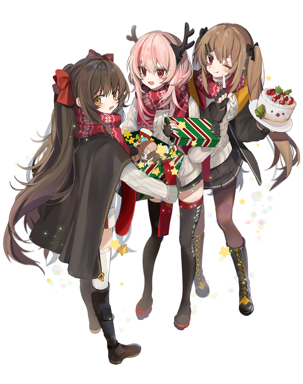 3girls :d :q antlers aran_sweater bangs black_cloak black_footwear black_jacket black_skirt blurry boots box brown_eyes brown_hair brown_legwear cake closed_mouth commentary_request cross-laced_footwear food full_body gift gift_box girls_frontline hair_ornament hairclip highres holding holding_plate jacket knee_boots long_hair long_sleeves looking_at_viewer m4_sopmod_ii_(girls_frontline) mid_(gameshe) miniskirt multicolored_hair multiple_girls one_eye_closed open_clothes open_jacket open_mouth pantyhose pink_hair plate pleated_skirt qbz-97_(girls_frontline) red_eyes red_scarf redhead reindeer_antlers scarf sidelocks simple_background skirt smile standing star streaked_hair sweater thigh-highs thigh_boots tongue tongue_out twintails ump9_(girls_frontline) very_long_hair white_background white_sweater