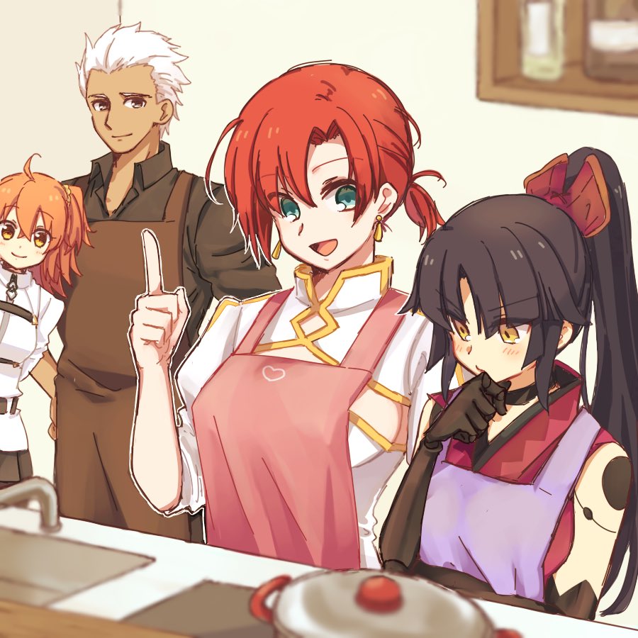 1boy 3girls ahoge apron archer black_hair boudica_(fate/grand_order) chin_stroking dark_skin dark_skinned_male earrings fate/grand_order fate_(series) fujimaru_ritsuka_(female) jewelry katou_danzou_(fate/grand_order) kitchen multiple_girls orange_hair ponytail redhead sink white_hair