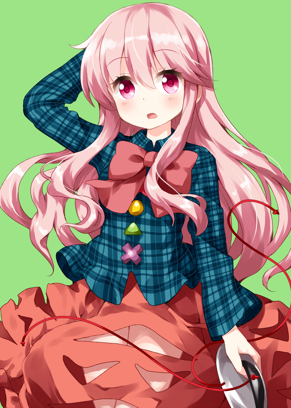 1girl :o blue_shirt bow bowtie bubble_skirt buttons cutout eyebrows_visible_through_hair green_background hair_between_eyes hand_behind_head hata_no_kokoro highres holding holding_mask long_hair mask mask_removed pink_bow pink_eyes pink_hair plaid plaid_shirt red_skirt ruu_(tksymkw) shirt simple_background skirt solo touhou very_long_hair