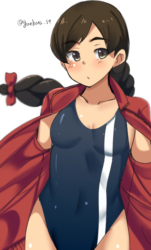 1girl blue_swimsuit blurry braid breasts brown_eyes brown_hair casual_one-piece_swimsuit chirashi_(so) collarbone commentary_request covered_navel cowboy_shot depth_of_field hair_ribbon jacket kantai_collection long_hair looking_at_viewer one-piece_swimsuit open_clothes open_jacket red_jacket red_ribbon ribbon simple_background single_braid small_breasts solo swimsuit twitter_username uranami_(kantai_collection) white_background