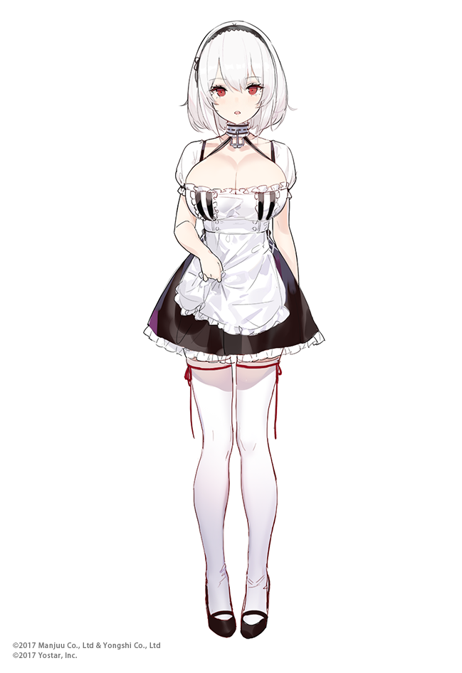 1girl apron azur_lane bob_cut breasts cleavage full_body hairband halterneck huge_breasts kinven looking_at_viewer official_art pigeon-toed red_eyes short_hair simple_background sirius_(azur_lane) solo standing thigh-highs waist_apron white_background white_hair white_legwear