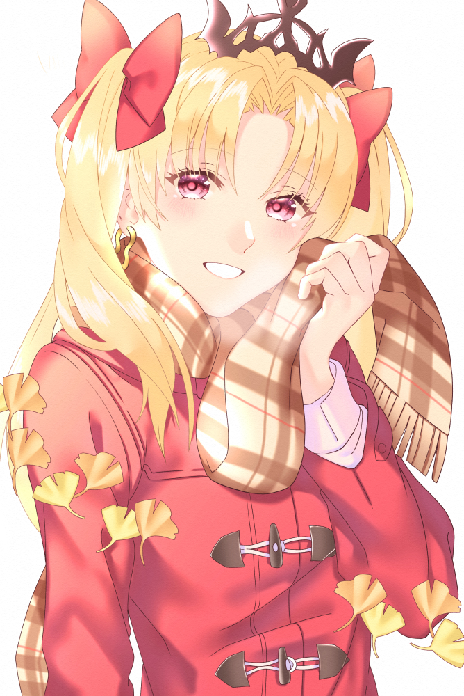 1girl akapug621 blonde_hair bow brown_scarf coat diadem earrings ereshkigal_(fate/grand_order) eyebrows_visible_through_hair fate/grand_order fate_(series) grin hair_bow jewelry long_hair long_sleeves looking_at_viewer red_bow red_coat red_eyes scarf shiny shiny_hair simple_background smile solo twintails upper_body white_background