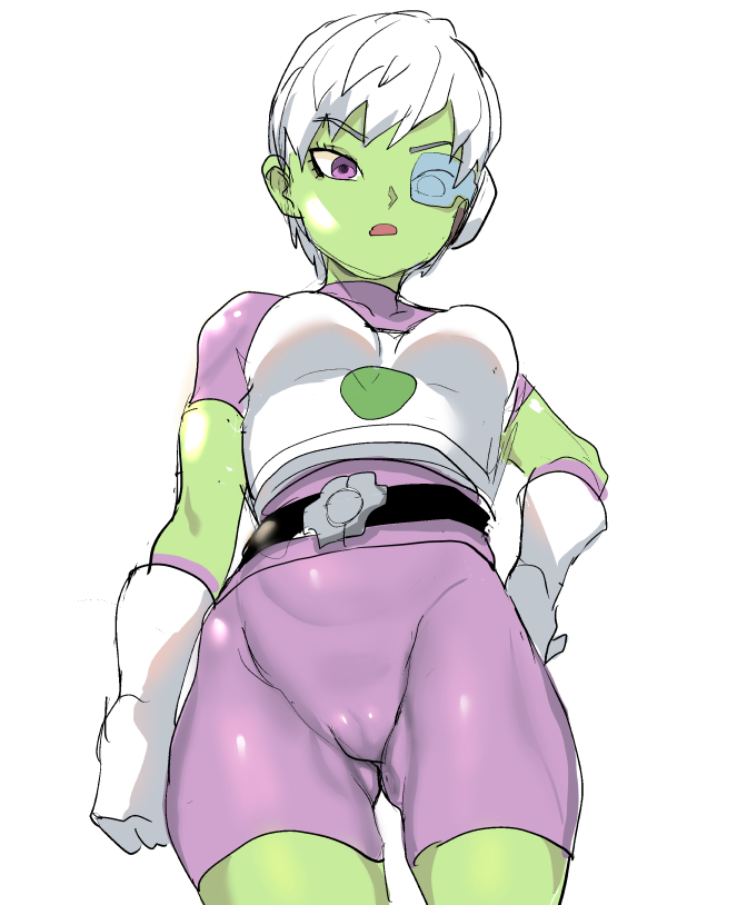 1girl ass_visible_through_thighs azuse_neko belt black_belt breasts cheelai covered_collarbone cowboy_shot dragon_ball dragon_ball_super dragon_ball_super_broly eyebrows_visible_through_hair from_below gloves green_skin hand_on_hip jumpsuit legs_apart looking_at_viewer medium_breasts open_mouth scouter short_hair short_sleeves simple_background solo turtleneck violet_eyes white_background white_gloves white_hair