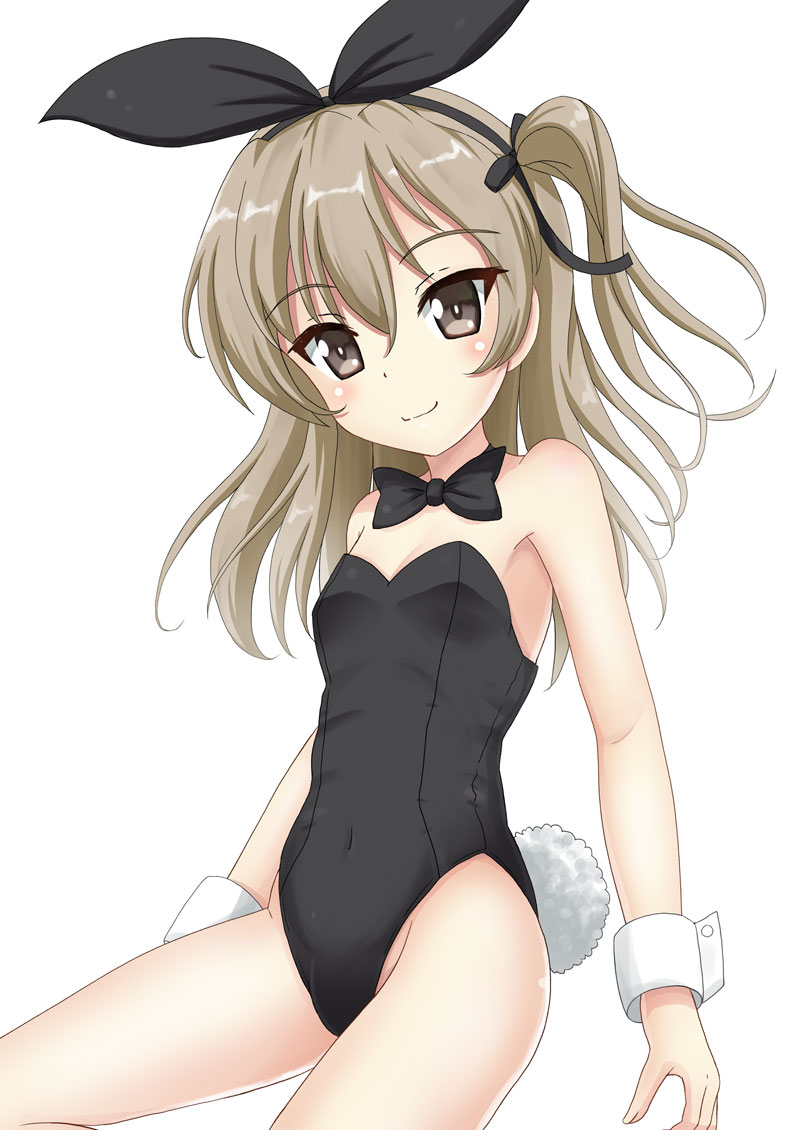 1girl bangs bare_shoulders black_bow black_hairband black_leotard black_neckwear black_ribbon blush bow bowtie brown_eyes brown_hair bunny_tail bunnysuit closed_mouth collarbone commentary_request covered_navel eyebrows_visible_through_hair flipper girls_und_panzer groin hair_between_eyes hair_bow hair_ribbon hairband head_tilt leotard long_hair one_side_up ribbon shimada_arisu simple_background sitting smile solo strapless strapless_leotard tail white_background wrist_cuffs