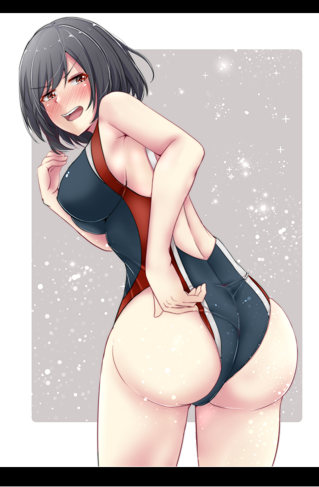 1girl adjusting_clothes adjusting_swimsuit ass back black_border black_hair black_swimsuit blush border breasts competition_swimsuit cowboy_shot eyebrows_visible_through_hair gradient gradient_background grey_background hair_between_eyes highleg highleg_swimsuit kantai_collection large_breasts looking_at_viewer looking_back one-piece_swimsuit open_mouth red_eyes shohei_(piranha5hk) short_hair sideboob solo standing swimsuit white_background yamashiro_(kantai_collection)