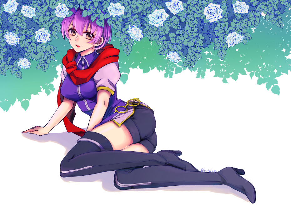 1girl ass black_footwear black_legwear boots breasts fire_emblem fire_emblem:_shin_monshou_no_nazo flower full_body high_heel_boots high_heels katarina_(fire_emblem) looking_at_viewer lying medium_breasts nintendo on_side open_mouth orange_eyes purple_hair scarf shirt short_hair short_shorts short_sleeves shorts solo taguchi_(igutiguti) thigh-highs thigh_boots thighs twitter_username