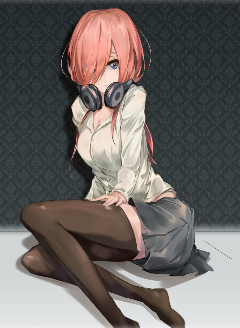 1girl bangs black_legwear blue_eyes breasts cleavage closed_mouth commentary_request fingernails full_body go-toubun_no_hanayome grey_skirt hair_over_one_eye headphones headphones_around_neck long_hair looking_at_viewer medium_breasts nakano_miku pink_hair renze_l shirt sitting skirt solo thigh-highs white_shirt