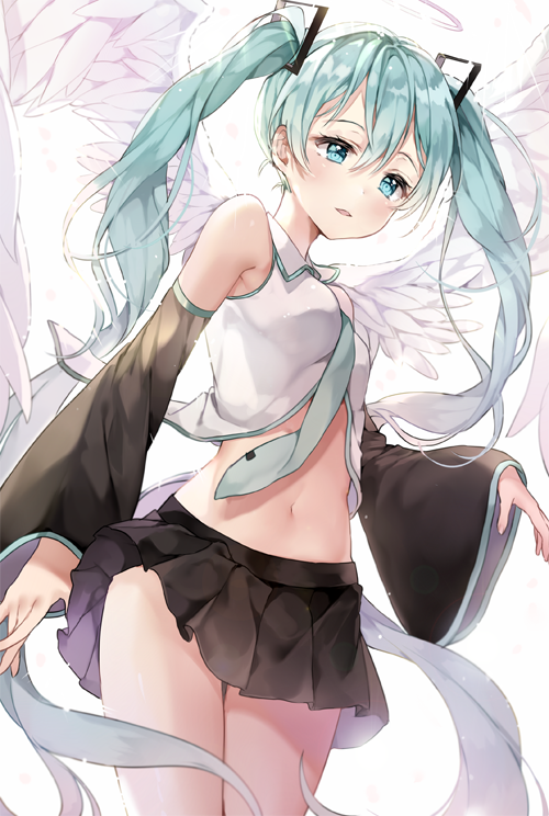 1girl angel_wings aqua_eyes aqua_hair bangs bare_shoulders black_skirt breasts commentary cowboy_shot detached_sleeves hair_between_eyes hair_ornament halo hatsune_miku lib light_blush long_hair midriff miniskirt navel necktie skirt small_breasts solo symbol_commentary thighs twintails very_long_hair vocaloid wings