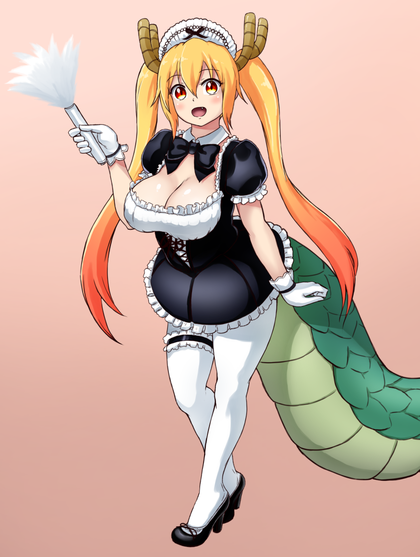 1girl alternate_costume black_dress black_footwear blonde_hair breasts cleavage commentary_request dragon_girl dragon_horns dragon_tail dress duster fang finalcake frilled_dress frills full_body garter_belt gloves gradient gradient_background gradient_hair high_heels horns kobayashi-san_chi_no_maidragon large_breasts long_hair looking_at_viewer maid maid_headdress multicolored_hair open_mouth orange_eyes orange_hair pantyhose pink_background puffy_short_sleeves puffy_sleeves short_sleeves slit_pupils solo tail tooru_(maidragon) twintails white_gloves white_legwear