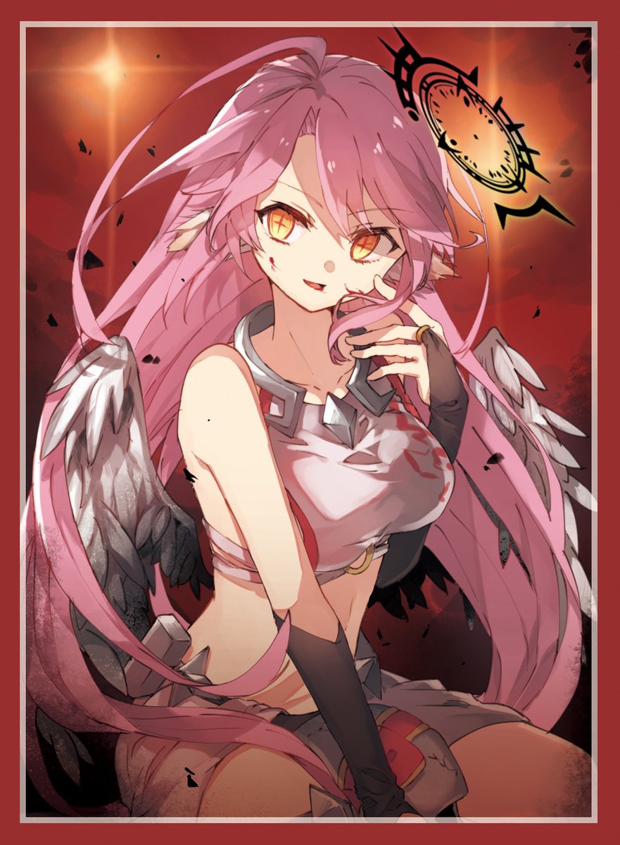 1girl angel_wings blood blood_on_face breasts bridal_gauntlets chibirisu crop_top cross feathered_wings halo highres jibril_(no_game_no_life) large_breasts long_hair looking_at_viewer low_wings magic_circle midriff no_game_no_life open_mouth pink_hair solo source_request symbol-shaped_pupils very_long_hair wing_ears wings yellow_eyes