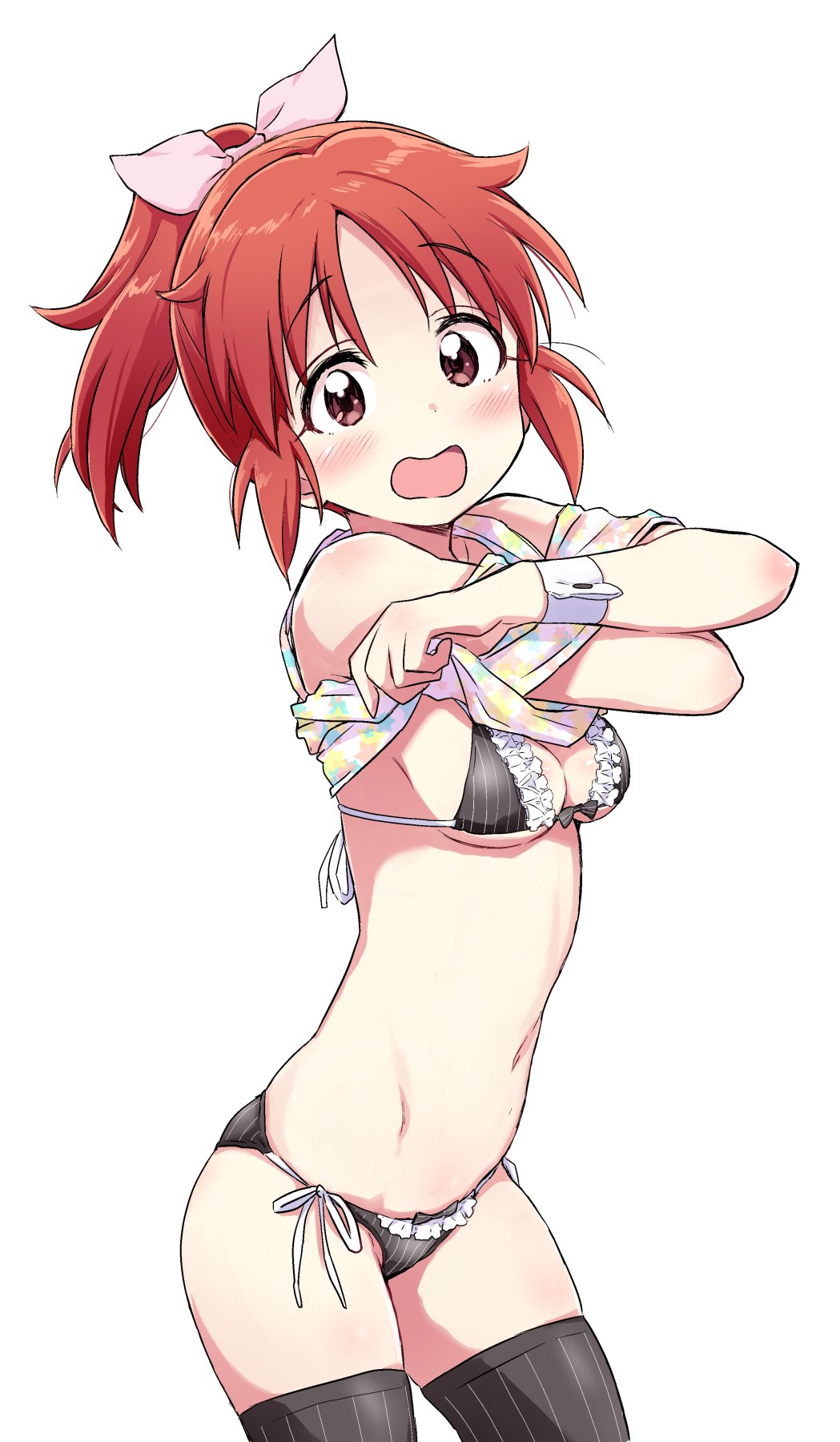 1girl abe_nana bikini black_bikini black_legwear blush breasts cleavage cowboy_shot eyebrows_visible_through_hair frill_trim highres hip_bones idolmaster idolmaster_cinderella_girls looking_at_viewer minazuki_tooru navel open_mouth ponytail redhead shirt_lift side-tie_bikini simple_background small_breasts solo swimsuit thigh-highs violet_eyes white_background wrist_cuffs