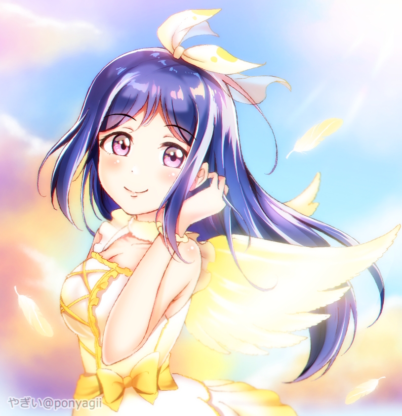 1girl bangs birthday blue_hair breasts cleavage clouds cloudy_sky commentary_request day dress eyebrows_visible_through_hair feathers frilled_dress frills hair_down hair_ribbon love_live! love_live!_sunshine!! matsuura_kanan medium_breasts ponyagii ribbon sidelocks sky sleeveless sleeveless_dress smile solo twitter_username violet_eyes wings