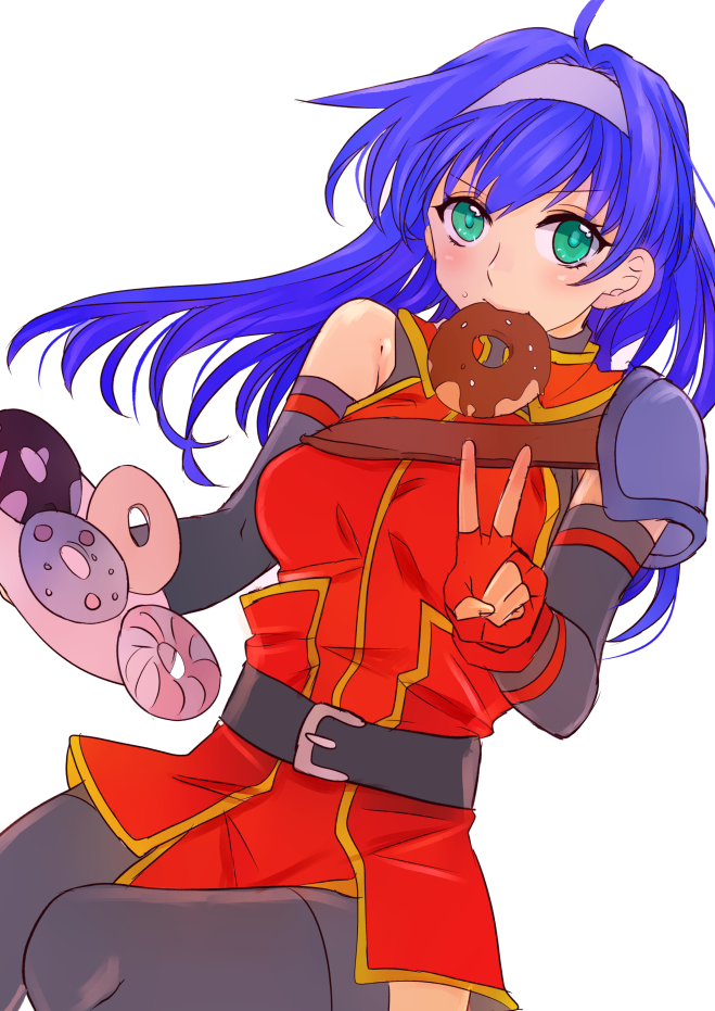 1girl ahoge arm_warmers belt black_legwear blue_hair breasts cowboy_shot doughnut fingerless_gloves fire_emblem fire_emblem:_akatsuki_no_megami fire_emblem:_souen_no_kiseki fire_emblem_heroes food gloves green_eyes headband intelligent_systems long_hair looking_at_viewer medium_breasts mouth_hold nintendo red_gloves shirt shoulder_armor simple_background solo taguchi_(igutiguti) thigh-highs turtleneck v wayu_(fire_emblem) white_background