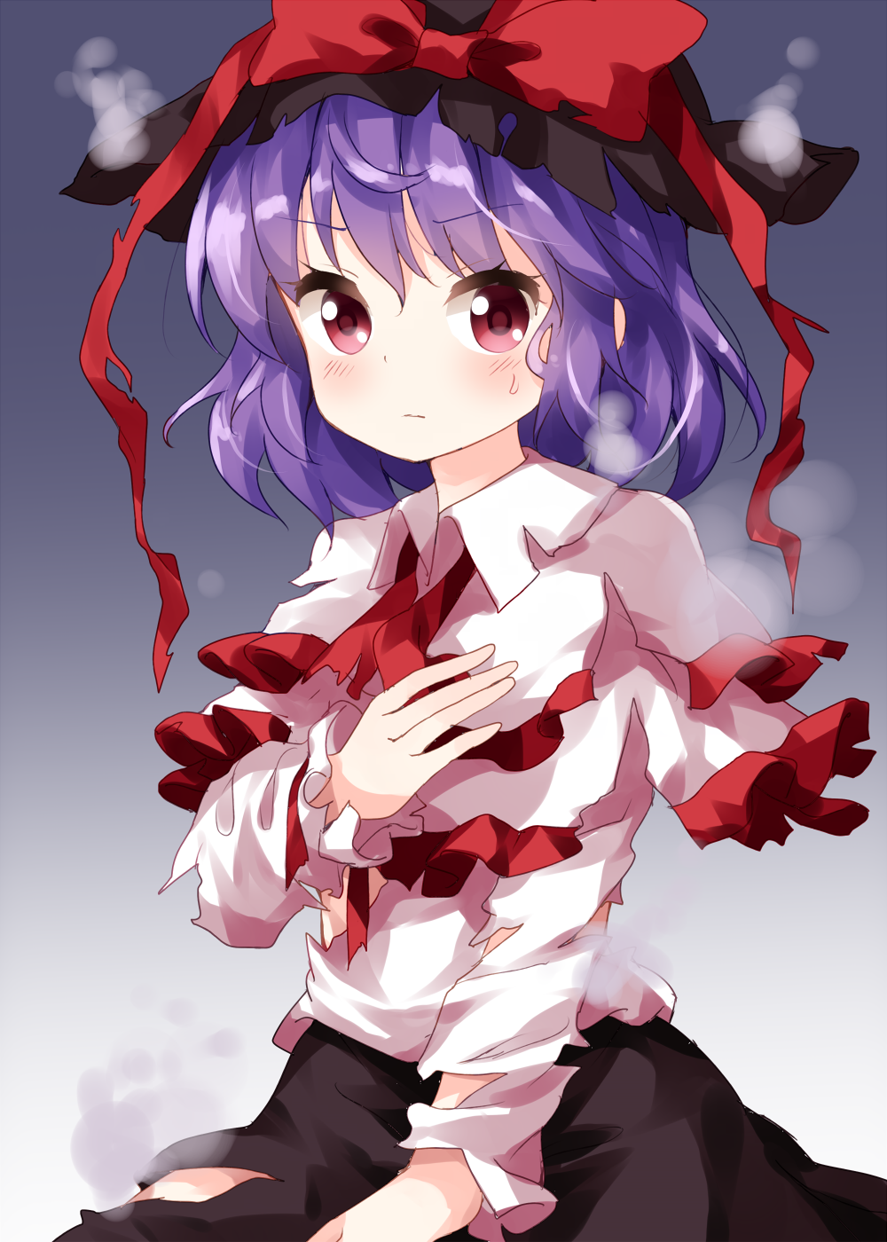 1girl ascot black_hat black_skirt capelet eyebrows_visible_through_hair frown gradient gradient_background hat highres looking_at_viewer medium_hair nagae_iku purple_hair red_eyes red_neckwear ruu_(tksymkw) shirt simple_background skirt smoke solo torn_capelet torn_clothes torn_hat torn_shirt touhou v-shaped_eyebrows white_capelet white_shirt