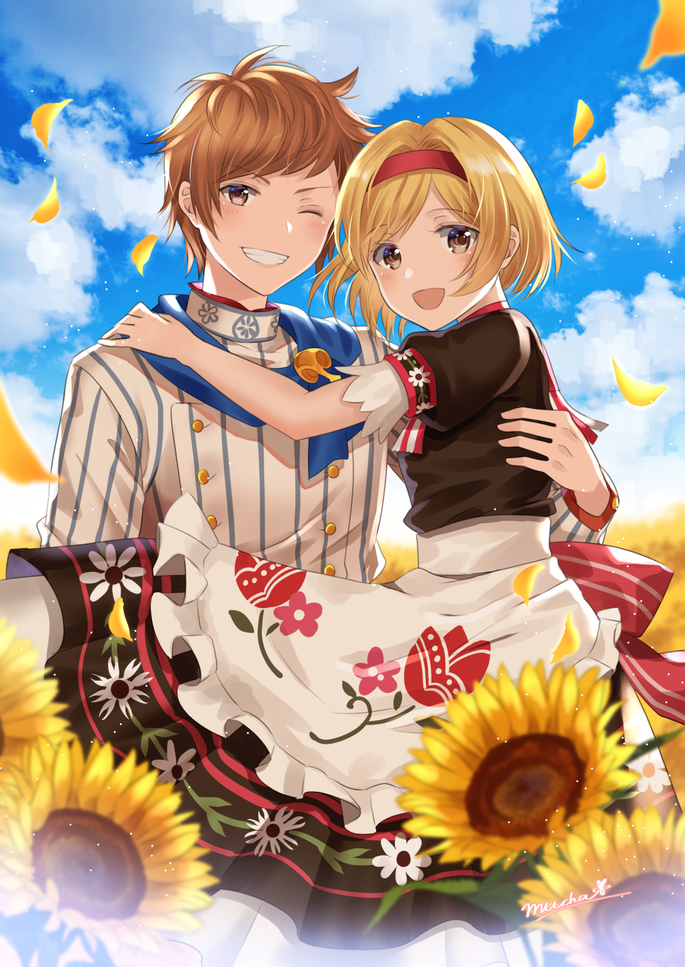 1boy 1girl :d apron blonde_hair blue_sky blurry blurry_background blurry_foreground blush brown_dress brown_hair clouds cloudy_sky commentary_request day depth_of_field djeeta_(granblue_fantasy) dress flower frilled_apron frilled_dress frills gran_(granblue_fantasy) granblue_fantasy grin hairband hand_on_another's_shoulder highres jacket myusha one_eye_closed open_mouth outdoors petals puffy_short_sleeves puffy_sleeves red_hairband short_sleeves signature sky smile striped sunflower vertical-striped_jacket vertical_stripes white_apron white_jacket yellow_flower