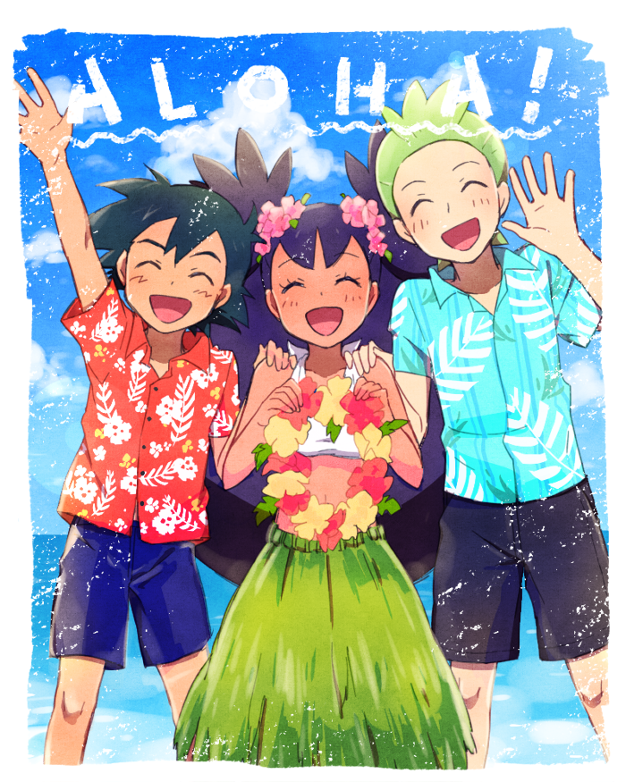 1girl 2boys alternate_costume ame_(ame025) arm_up ash_ketchum bangs black_shorts blue_shorts blush border buttons cilan_(pokemon) closed_eyes clouds collared_shirt commentary_request day eyelashes facing_viewer grass_skirt green_hair green_shirt hand_on_another's_shoulder hand_up happy hawaiian_shirt holding iris_(pokemon) knees multiple_boys open_mouth outdoors pokemon pokemon_(anime) pokemon_bw_(anime) purple_hair red_shirt shirt short_hair short_sleeves shorts sky smile tongue white_border wreath |d