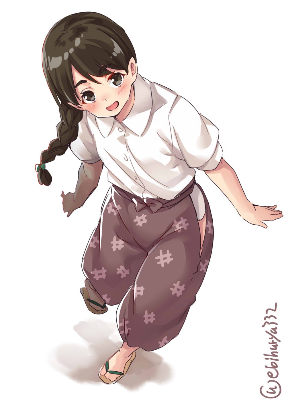 1girl alternate_costume arms_at_sides blush braid brown_eyes brown_hair brown_pants casual collared_shirt ebifurya from_above full_body hair_between_eyes hair_ribbon highres hip_vent kantai_collection long_hair looking_at_viewer open_mouth pants ribbon sandals shirt short_sleeves single_braid smile solo twitter_username uranami_(kantai_collection) white_background white_shirt