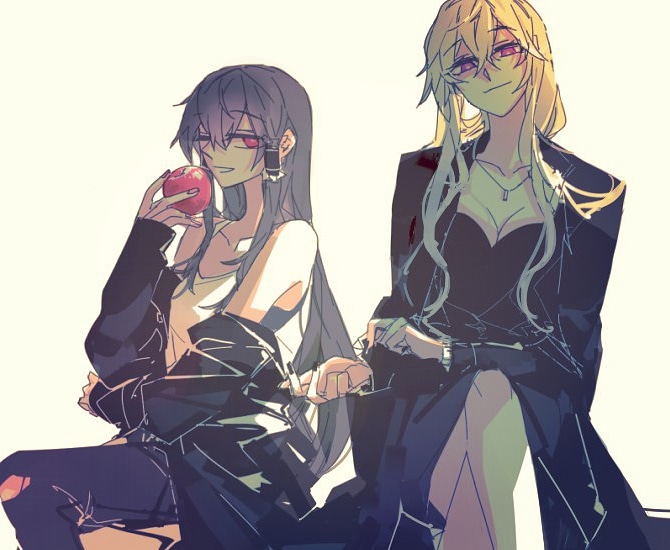 2girls adjusting_clothes alternate_color alternate_costume alternate_hair_length alternate_hairstyle apple backlighting bangs black_coat black_hair black_nails black_pants black_shirt black_skirt blonde_hair breasts brown_hair cleavage collarbone contemporary fingernails food fruit hair_between_eyes hair_tubes hakurei_reimu jewelry legs legs_crossed looking_at_another looking_at_viewer looking_to_the_side multiple_girls nail_polish necklace off_shoulder office_lady one_eye_closed pants pendant red_eyes rekka shirt sidelocks simple_background sitting skirt sleeveless sleeveless_shirt talking tank_top torn_clothes torn_pants touhou violet_eyes watch white_background white_tank_top yakumo_yukari