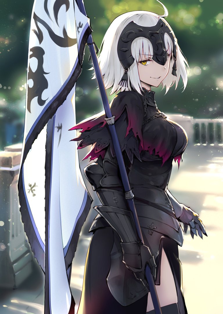 1girl ahoge armor armored_dress bangs black_legwear blurry blurry_background bokeh breasts cape cowboy_shot day depth_of_field dress fate/apocrypha fate_(series) fur-trimmed_cape fur_collar fur_trim gauntlets haoni headpiece jeanne_d'arc_(alter)_(fate) jeanne_d'arc_(fate) jeanne_d'arc_(fate)_(all) large_breasts looking_at_viewer outdoors short_hair silver_hair smile solo standard_bearer thigh-highs tsurime yellow_eyes