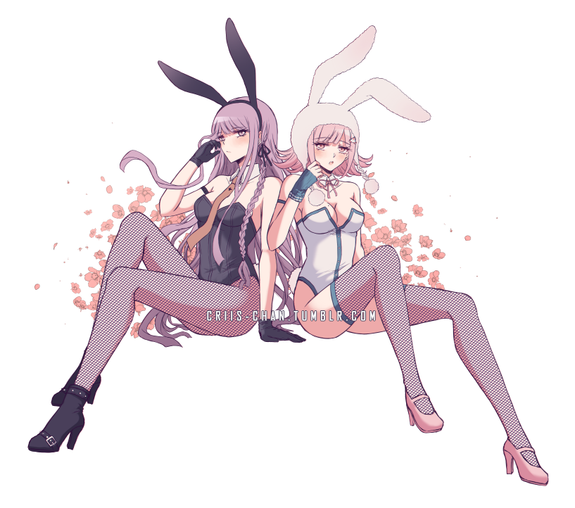 2girls animal_ears animal_hat ankle_boots ballet_slippers bangs bare_shoulders black_gloves black_leotard blue_gloves blunt_bangs blush boots bow braid breasts bunny_girl bunnysuit choker cleavage collarbone criis-chan dangan_ronpa dangan_ronpa_1 detached_collar eye_contact eyebrows_visible_through_hair fake_animal_ears fingerless_gloves fishnet_legwear fishnet_pantyhose fishnets flipped_hair flower gloves hair_ornament hairclip hand_in_hair hand_on_floor hat high_heel_boots high_heels kirigiri_kyouko knee_up large_breasts leotard long_hair looking_at_another medium_breasts medium_hair multiple_girls nanami_chiaki necktie pantyhose petals pink_eyes pink_hair pom_pom_(clothes) purple_hair rabbit_ears red_flower red_rose rose side_braid sidelocks sitting super_dangan_ronpa_2 thigh-highs very_long_hair watermark web_address white_background white_leotard