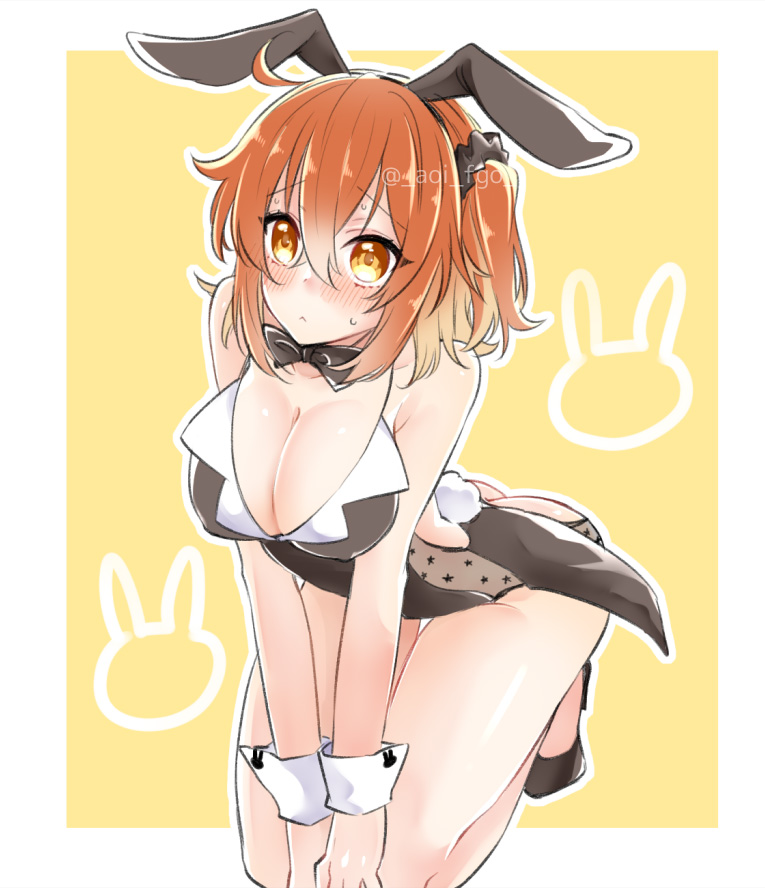 1girl animal_ears ass black_footwear black_hairband black_leotard black_neckwear black_scrunchie blush breasts brown_eyes brown_hair bunny_tail bunnysuit cleavage collarbone embarrassed eyebrows_visible_through_hair fake_animal_ears fate/grand_order fate_(series) fujimaru_ritsuka_(female) hair_between_eyes hair_ornament hair_scrunchie hairband hands_on_own_knees kneeling large_breasts leotard one_side_up pumps rabbit_ears scrunchie shino-o short_hair solo sweatdrop tail twitter_username watermark wrist_cuffs yellow_background