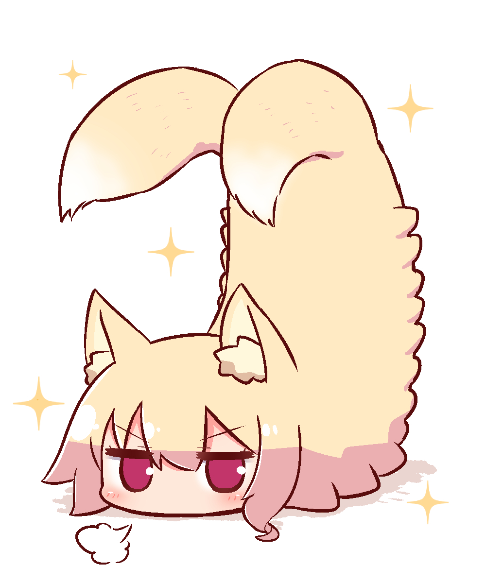 1girl animal_ear_fluff animal_ears animalization bangs blush earwig eyebrows_visible_through_hair fox_ears full_body hair_between_eyes highres kemomimi-chan_(naga_u) multiple_tails naga_u original red_eyes shadow solo sparkle tail top-down_bottom-up two_tails v-shaped_eyebrows visible_air white_background