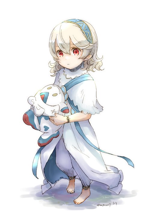1girl barefoot child closed_mouth cute dated dress female_my_unit_(fire_emblem_if) fire_emblem fire_emblem_if full_body hairband intelligent_systems lilith_(fire_emblem_if) my_unit_(fire_emblem_if) nintendo pointy_ears red_eyes robaco short_hair simple_background solo standing stuffed_toy twitter_username white_background white_dress white_hair younger