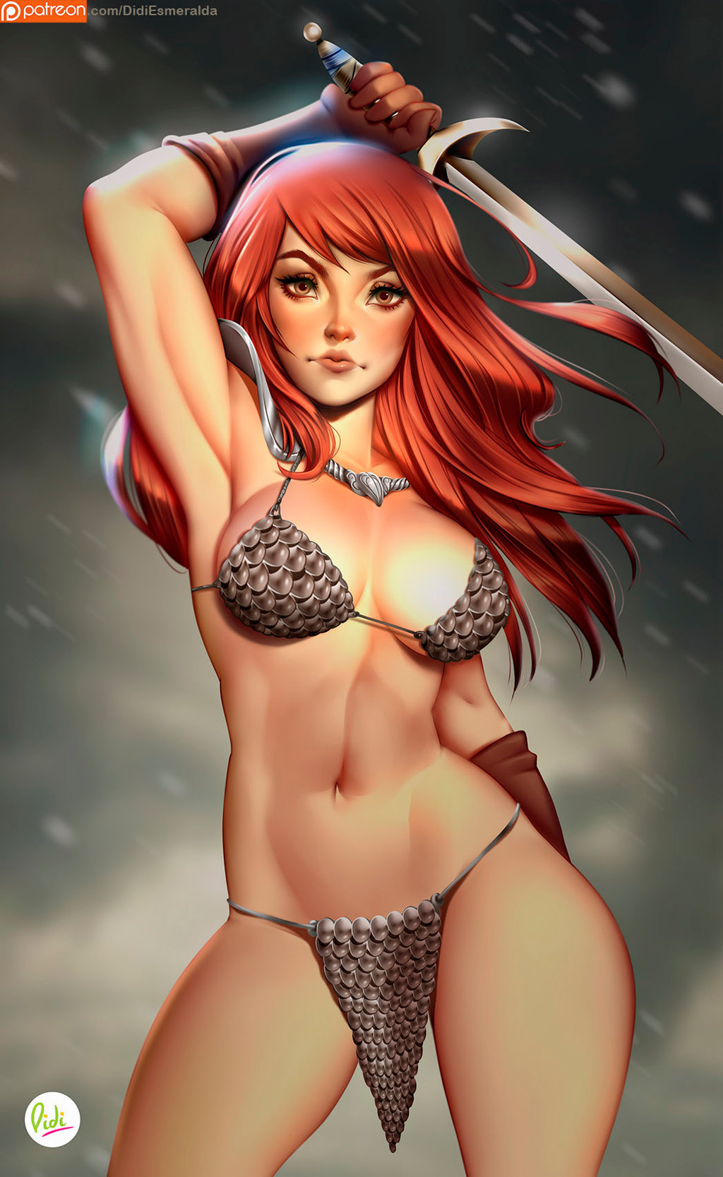 abs armor armpits bikini_armor didi_esmeralda gloves highres jewelry long_hair navel necklace patreon_username pauldrons red_sonja red_sonja_(comics) redhead scale_armor signature sword toned weapon yellow_eyes