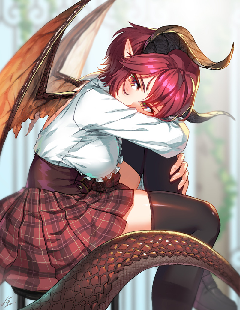 1girl bangs black_legwear blush breasts center_frills commentary dragon_girl dragon_horns dragon_tail dragon_wings fingernails frilled_shirt frills granblue_fantasy grea_(shingeki_no_bahamut) hair_between_eyes high-waist_skirt horns kws large_breasts leg_hug long_sleeves looking_at_viewer manaria_friends plaid plaid_skirt pointy_ears red_eyes red_skirt shingeki_no_bahamut shirt short_hair sitting skirt slit_pupils solo tail thigh-highs white_shirt wings zettai_ryouiki