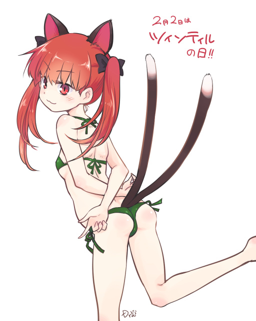 1girl :3 animal_ears arms_behind_back ass bangs bikini black_bow blunt_bangs blush bow cat_ears cat_girl cat_tail dra eyebrows_visible_through_hair green_bikini hair_bow kaenbyou_rin long_hair looking_at_viewer looking_back multiple_tails red_eyes redhead side-tie_bikini simple_background solo swimsuit tail touhou twintails white_background