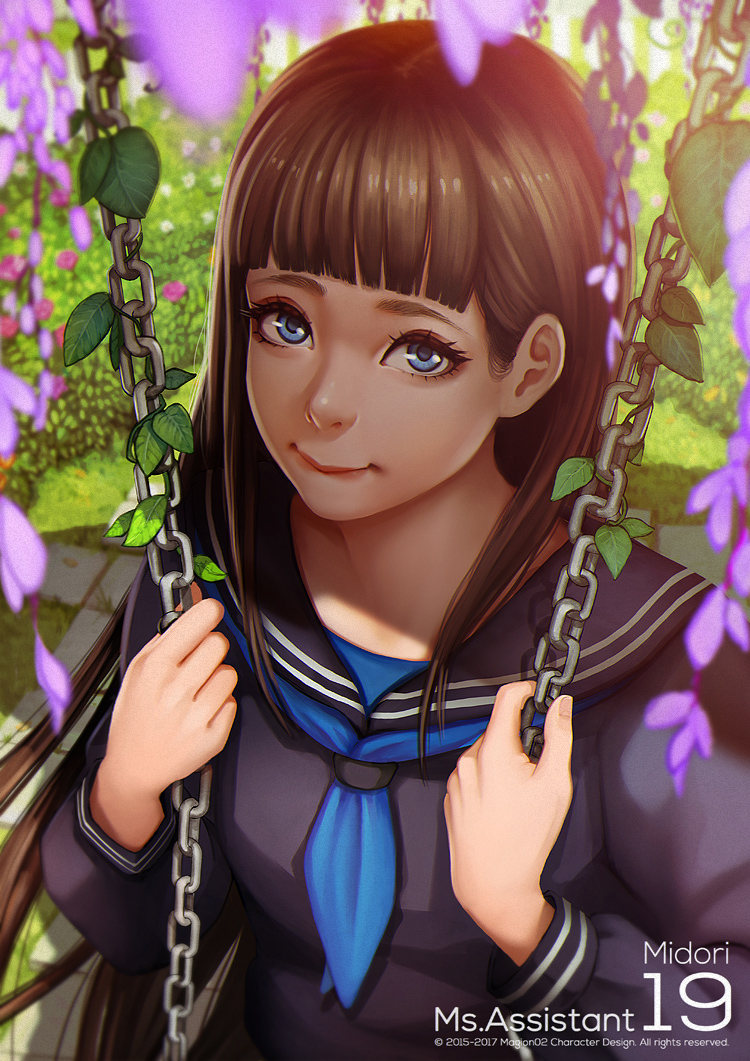 1girl artist_name blue_eyes blue_neckwear blue_sailor_collar blurry breasts brown_hair character_name closed_mouth day depth_of_field flower leaf long_hair looking_at_viewer looking_up magion02 medium_breasts midori_(ms.assistant) ms.assistant outdoors purple_flower sailor_collar solo sunlight swing