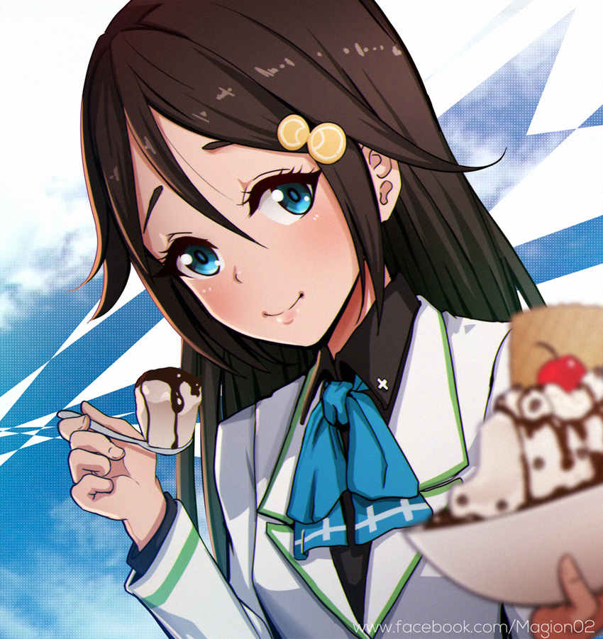 1girl arm_up bangs black_hair black_shirt blue_eyes blue_neckwear blurry bowl cherry chocolate closed_mouth commentary_request depth_of_field food fruit hair_between_eyes hair_ornament holding holding_bowl holding_spoon ice_cream izumi_reina kerchief long_hair long_sleeves looking_at_viewer magion02 musaigen_no_phantom_world shirt solo spoon watermark web_address wing_collar