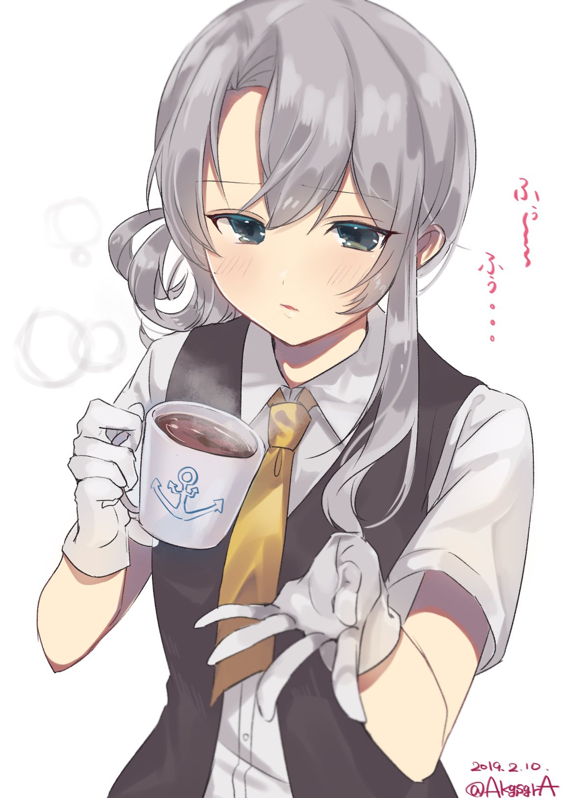 1girl akgsgra anchor_symbol asymmetrical_hair bangs black_vest closed_eyes commentary_request cup dated dress_shirt flipped_hair gloves grey_eyes highres kantai_collection looking_at_viewer mug necktie nowaki_(kantai_collection) school_uniform shirt silver_hair solo steam swept_bangs twitter_username vest white_background white_gloves white_shirt yellow_neckwear