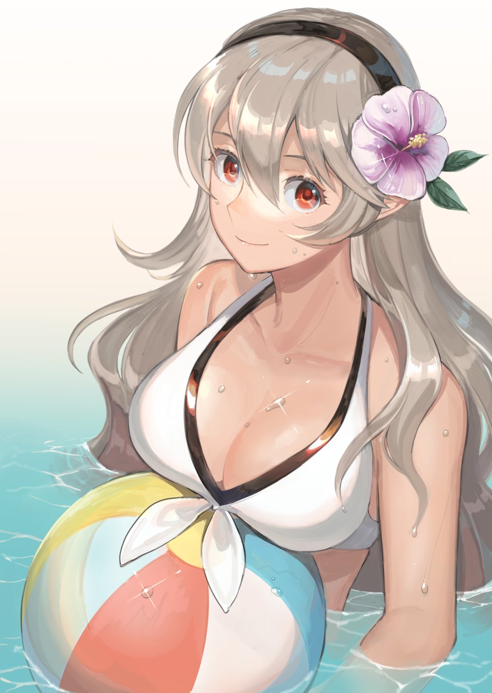 1girl ball beachball bikini black_hairband breasts cleavage closed_mouth cute dragon_girl female_my_unit_(fire_emblem_if) fire_emblem fire_emblem_heroes fire_emblem_if flower hair_flower hair_ornament hairband highres intelligent_systems kamui_(fire_emblem) kyufe long_hair my_unit_(fire_emblem_if) nintendo partially_submerged red_eyes smile solo swimsuit upper_body wading water white_bikini white_hair