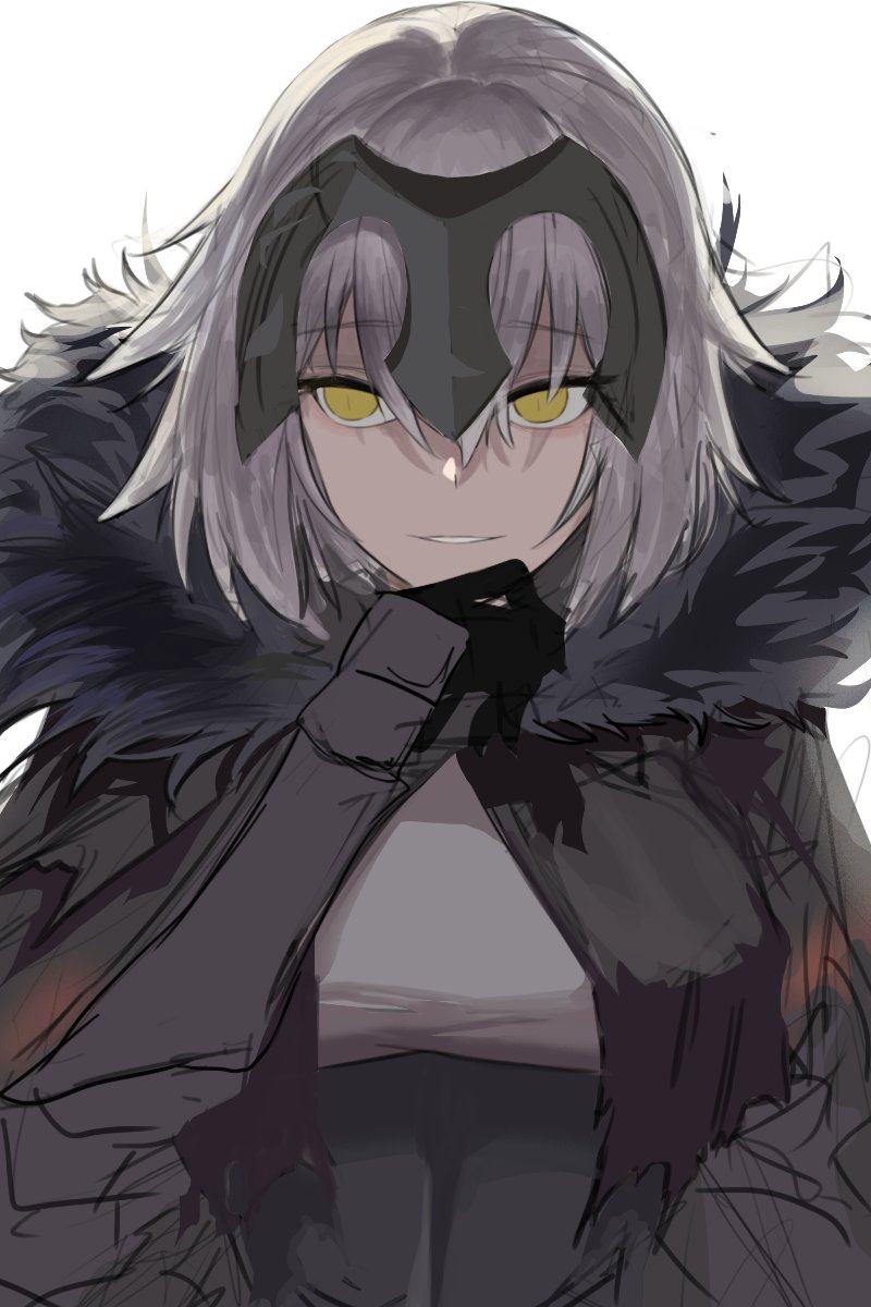 1girl armor armored_dress bangs black_gloves breasts eyebrows_visible_through_hair fate/grand_order fate_(series) fur_trim gloves grin headpiece highres jeanne_d'arc_(alter)_(fate) jeanne_d'arc_(fate)_(all) large_breasts looking_at_viewer morin24115 parted_lips short_hair silver_hair smile work_in_progress yellow_eyes