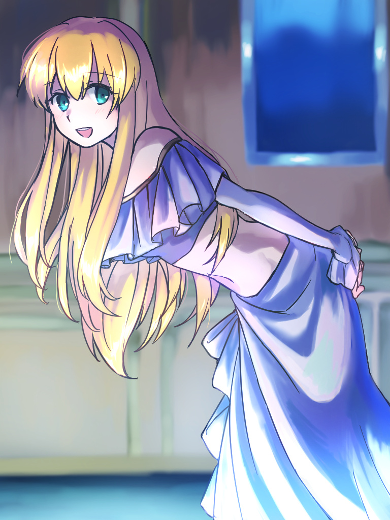 1girl :d aldnoah.zero aqua_eyes arm_behind_back asseylum_vers_allusia bent_over blonde_hair crop_top detached_sleeves eyebrows_visible_through_hair from_side hair_between_eyes kumakosion long_hair long_skirt long_sleeves looking_at_viewer midriff navel off_shoulder open_mouth shiny shiny_hair skirt smile solo stomach very_long_hair white_skirt white_sleeves