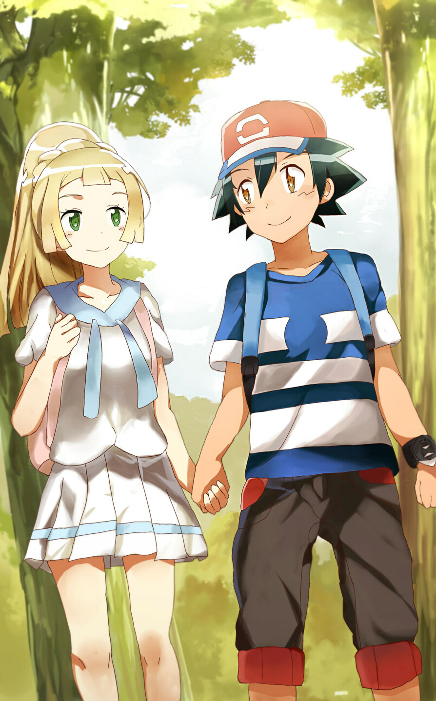 1boy 1girl backpack bag black_hair brown_eyes creatures_(company) game_freak hand_holding highres kuriyama lillie_(pokemon) nintendo pokemon pokemon_(anime) pokemon_sm_(anime) satoshi_(pokemon) shirt skirt striped striped_shirt z-ring