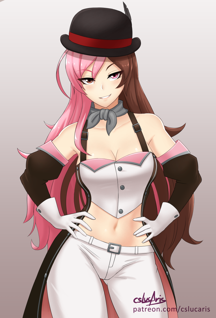 1girl belt blush breasts brown_eyes brown_hair cleavage cslucaris eyebrows_visible_through_hair gloves hat heterochromia long_hair looking_at_viewer medium_breasts multicolored_hair navel neo_(rwby) pink_eyes pink_hair rwby smile solo two-tone_hair