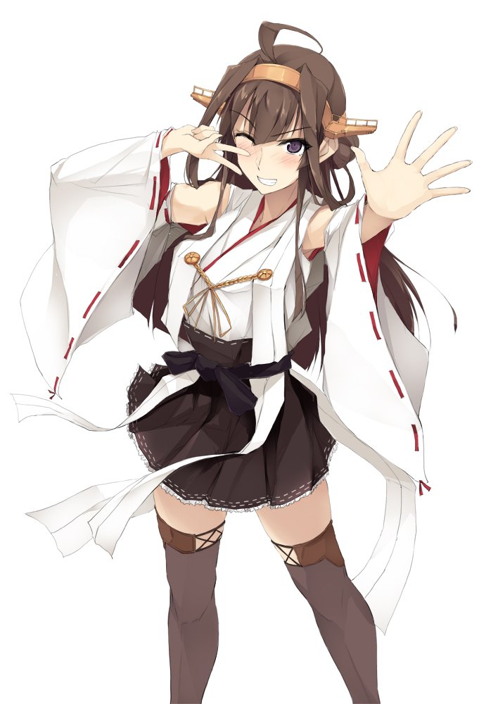 1girl ahoge anniversary arm_up bangs black_skirt blush brown_hair brown_legwear commentary_request cowboy_shot detached_sleeves eyebrows_visible_through_hair grin hair_between_eyes hairband hakama_skirt kantai_collection kongou_(kantai_collection) long_hair looking_at_viewer nontraditional_miko parted_lips pleated_skirt remodel_(kantai_collection) ribbon-trimmed_sleeves ribbon_trim skirt smile solo thigh-highs tsurime twitter_username v violet_eyes wide_sleeves zekkyon zettai_ryouiki