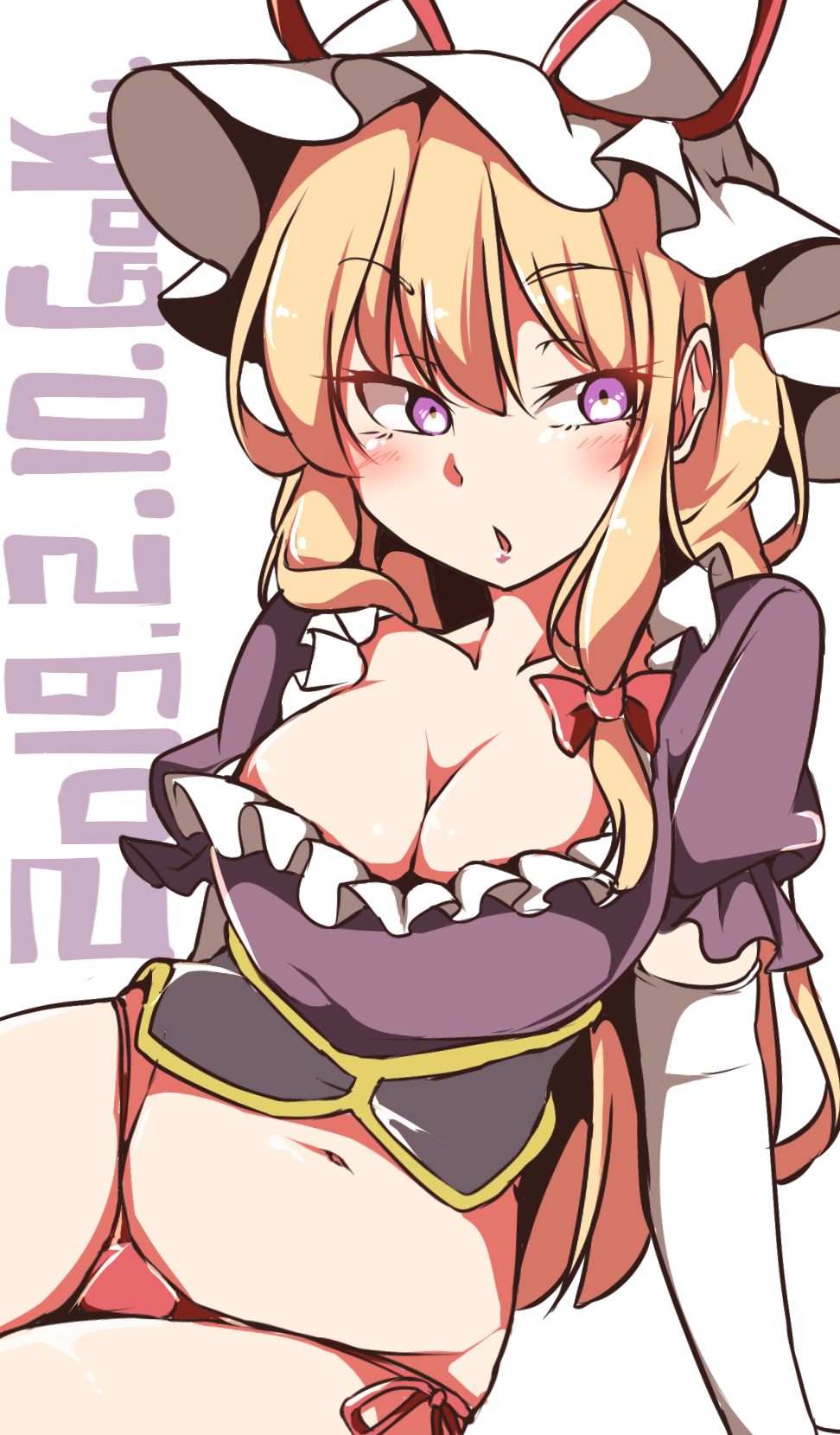 1girl artist_name bangs belly blonde_hair blush bow breasts chestnut_mouth cleavage corset dated elbow_gloves eyebrows_visible_through_hair eyelashes eyes_visible_through_hair frilled_shirt frills gloves gokuu_(acoloredpencil) hair_between_eyes hair_bow hat hat_ribbon highres hips large_breasts long_hair looking_at_viewer mob_cap navel no_pants outline puffy_short_sleeves puffy_sleeves reflective_eyes ribbon shiny shiny_clothes shiny_hair shiny_skin shirt short_sleeves sidelocks simple_background solo string_panties thighs thong touhou very_long_hair violet_eyes white_background white_gloves white_hat yakumo_yukari