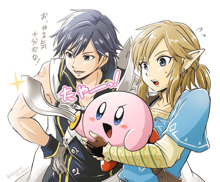 1other 2boys blue_eyes blue_hair cape fire_emblem fire_emblem:_kakusei gloves hal_laboratory_inc. hoshi_no_kirby intelligent_systems kirby krom link long_hair male_focus multiple_boys nintendo nintendo_ead open_mouth sayoyonsayoyo short_hair simple_background smile sora_(company) super_smash_bros. super_smash_bros._ultimate sword the_legend_of_zelda the_legend_of_zelda:_breath_of_the_wild translation_request weapon white_background