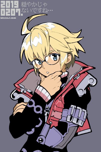 1boy ahoge blonde_hair blue_eyes fujimoto_hideaki glasses jacker long_sleeves looking_at_viewer male_focus nintendo short_hair shulk simple_background solo xenoblade_(series) xenoblade_1