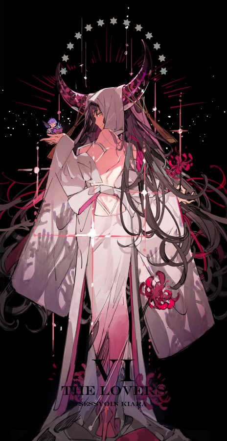 1boy 1girl back-to-back backless_outfit bangs bare_back bare_shoulders black_hair blue_hair book breasts eyebrows_visible_through_hair fate/grand_order fate_(series) flower from_behind full_body hands hans_christian_andersen_(fate) high_heels horns long_hair long_skirt long_sleeves looking_at_viewer looking_back sesshouin_kiara sideboob simple_background skirt smile solo standing tassel white_skirt yellow_eyes