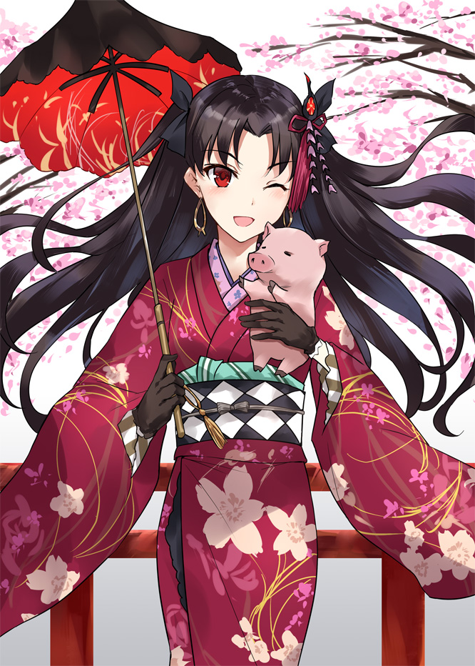 1girl 1other ;d animal asle bangs black_gloves black_hair black_ribbon black_umbrella chinese_zodiac commentary_request cute earrings eyebrows_visible_through_hair fate/grand_order fate_(series) floral_print gloves hair_ornament hair_ribbon holding holding_umbrella ishtar_(fate/grand_order) japanese_clothes jewelry kimono long_hair long_sleeves obi one_eye_closed open_mouth parted_bangs pig print_kimono red_eyes red_kimono red_umbrella ribbon sash smile solo tohsaka_rin two_side_up umbrella very_long_hair wide_sleeves year_of_the_pig