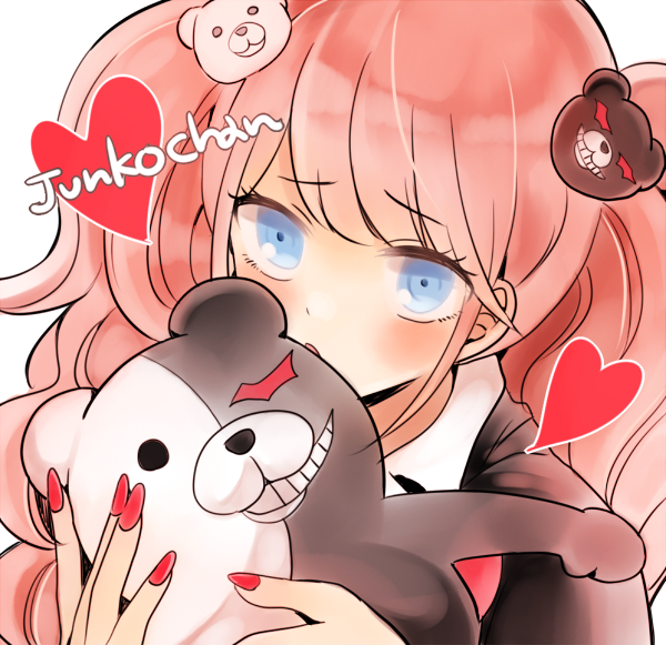 1girl bear_hair_ornament blue_eyes blush character_name commentary_request dangan_ronpa dangan_ronpa_1 dot_nose enoshima_junko evil_grin evil_smile eyebrows_visible_through_hair face grin hair_ornament heart heterochromia holding long_hair looking_at_viewer monokuma nail_polish pink_hair red_heart red_nails smile solo tomachi7727 twintails